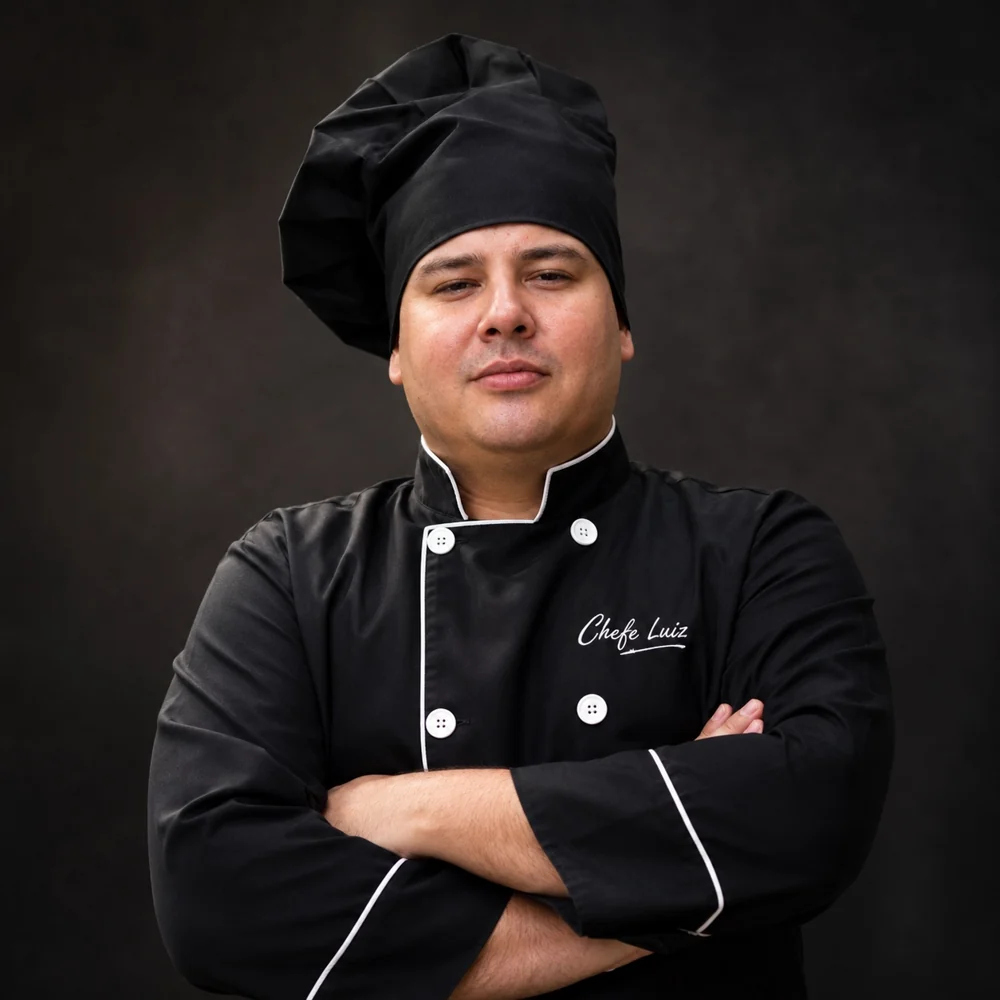 Chefe Luiz de braços cruzados, usando uniforme e chapéu pretos