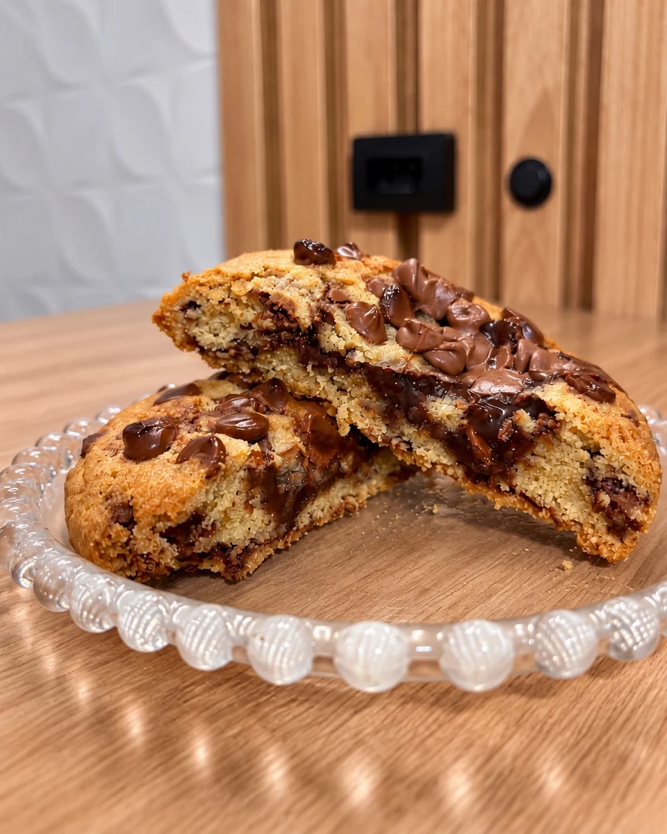 Cookie Choco Cream partido para mostrar o recheio de chocolate