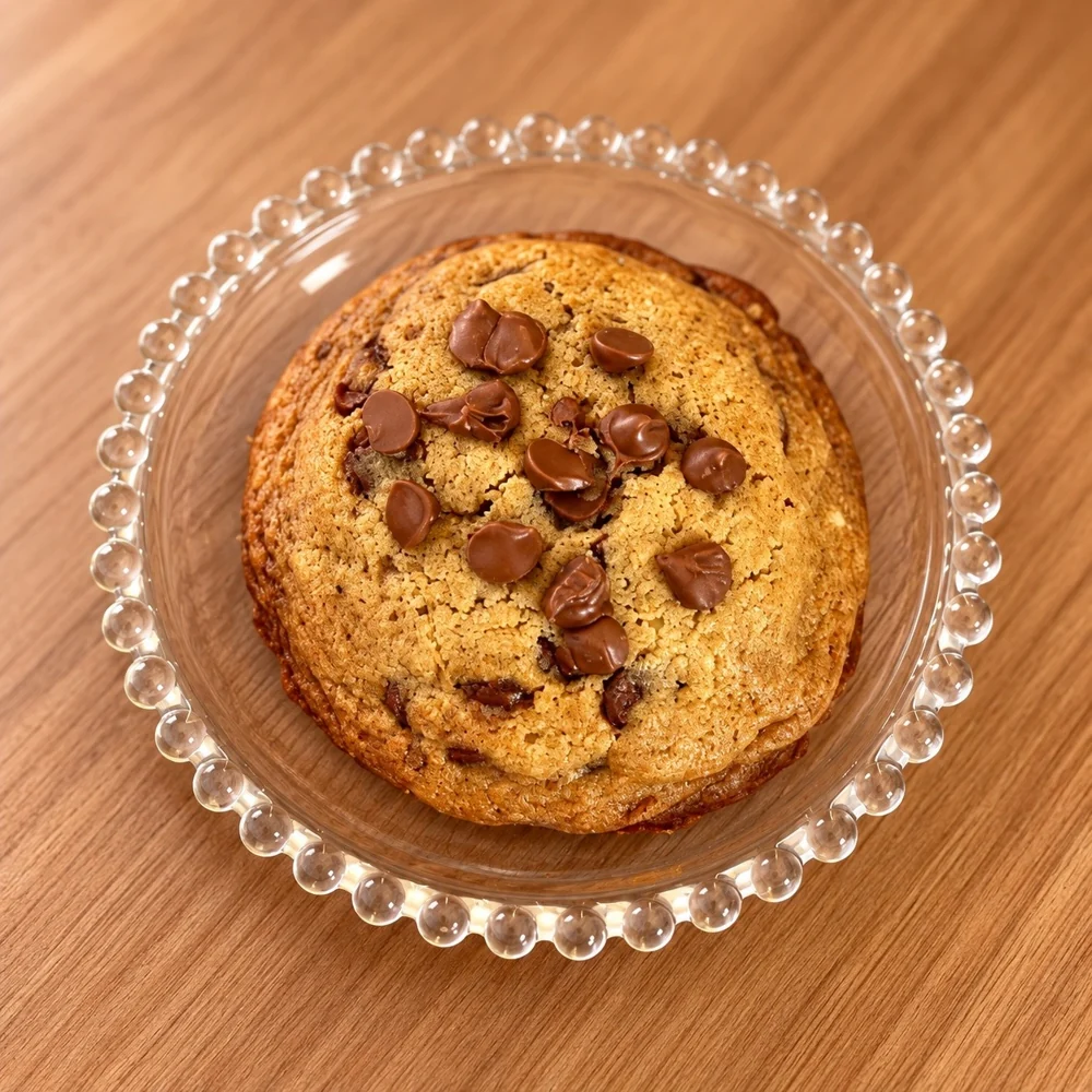 Cookie clássico com pedaços de chocolate, servido em prato de vidro