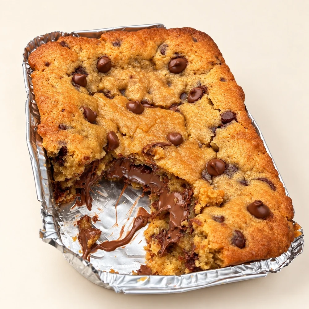 Cookie na marmitinha de alumínio, com um pedaço cortado